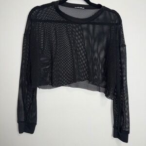 Black Sheer‎ Mesh Long Sleeve Cropped Top Womens Casual Layering Size L